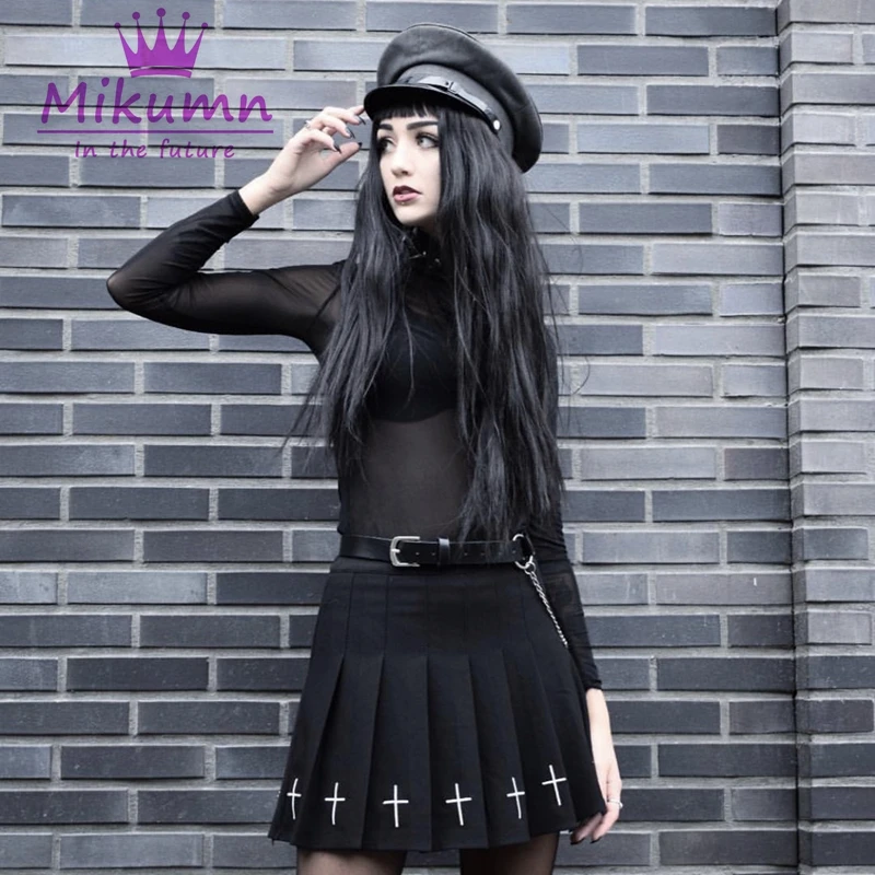 Женская плиссированная юбка Harajuku черно-белая готическая с вышивкой крестиком