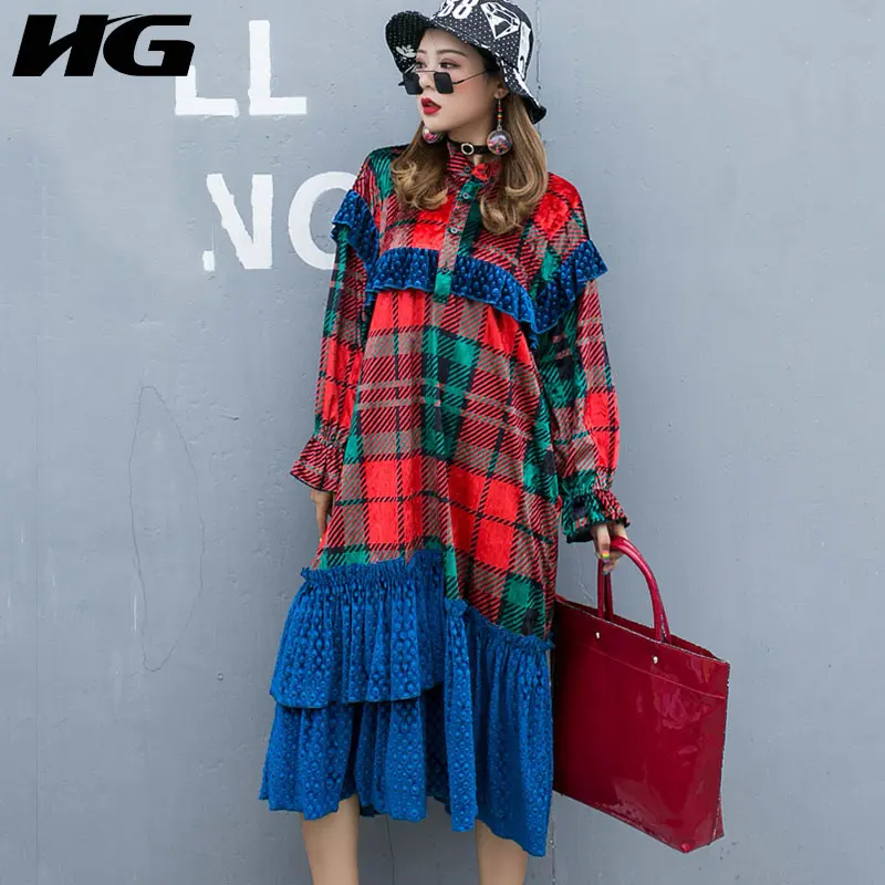 HG размера плюс платья женские в шотландку Цвет со вставками с воротником стойкой