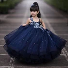 Темно-Синие Платья с цветочным принтом для девочек, кружевные тюлевые платья на тонких бретельках с бисером, детское платье на день рождения, пышные вечерние платья