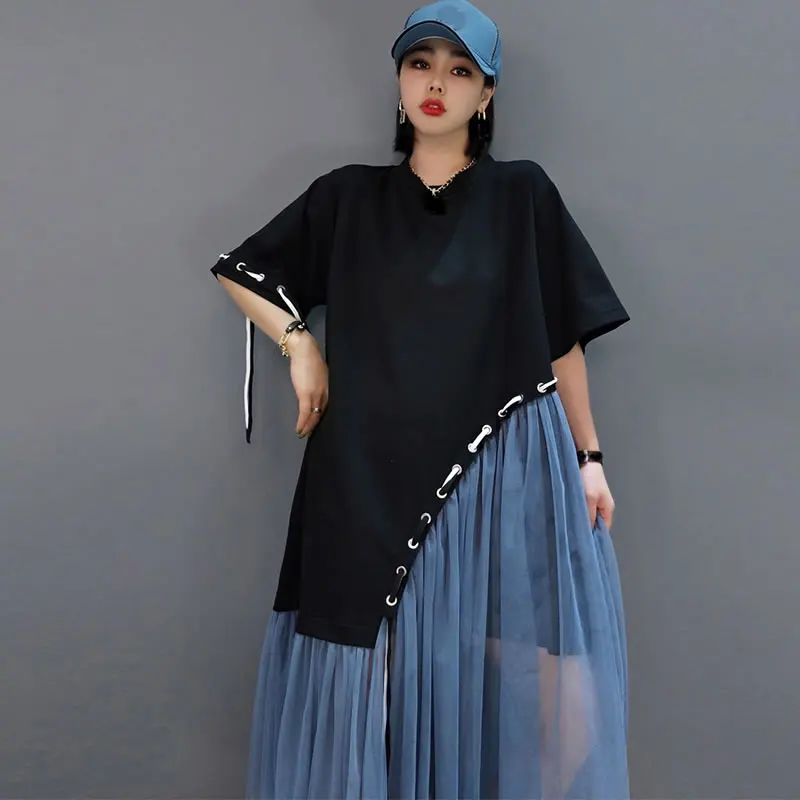 

XITAO Irregular Dress Fashion New Women Patchwork Small Fresh Casual Style 2021 Summer Mesh Minority Loose Dress WLD6426