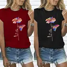 Женская Повседневная футболка с круглым вырезом, коротким рукавом, цветочным принтом и бабочками, свободная блузка, топ, подходит для работы, путешествий, покупок