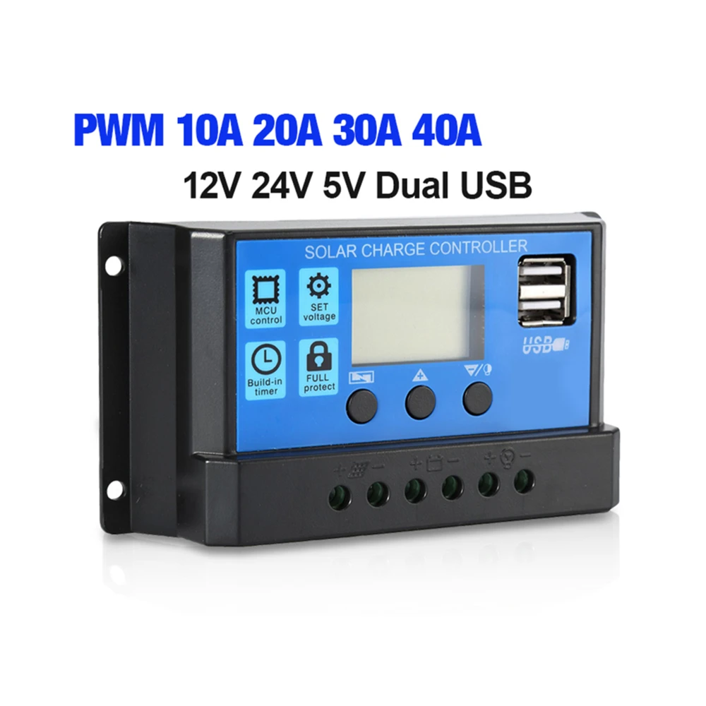 

40A/30A/20A/10A Solar Charger Controller 12V 24V Auto PWM Controllers LCD Display 5V Dual USB Output Controller