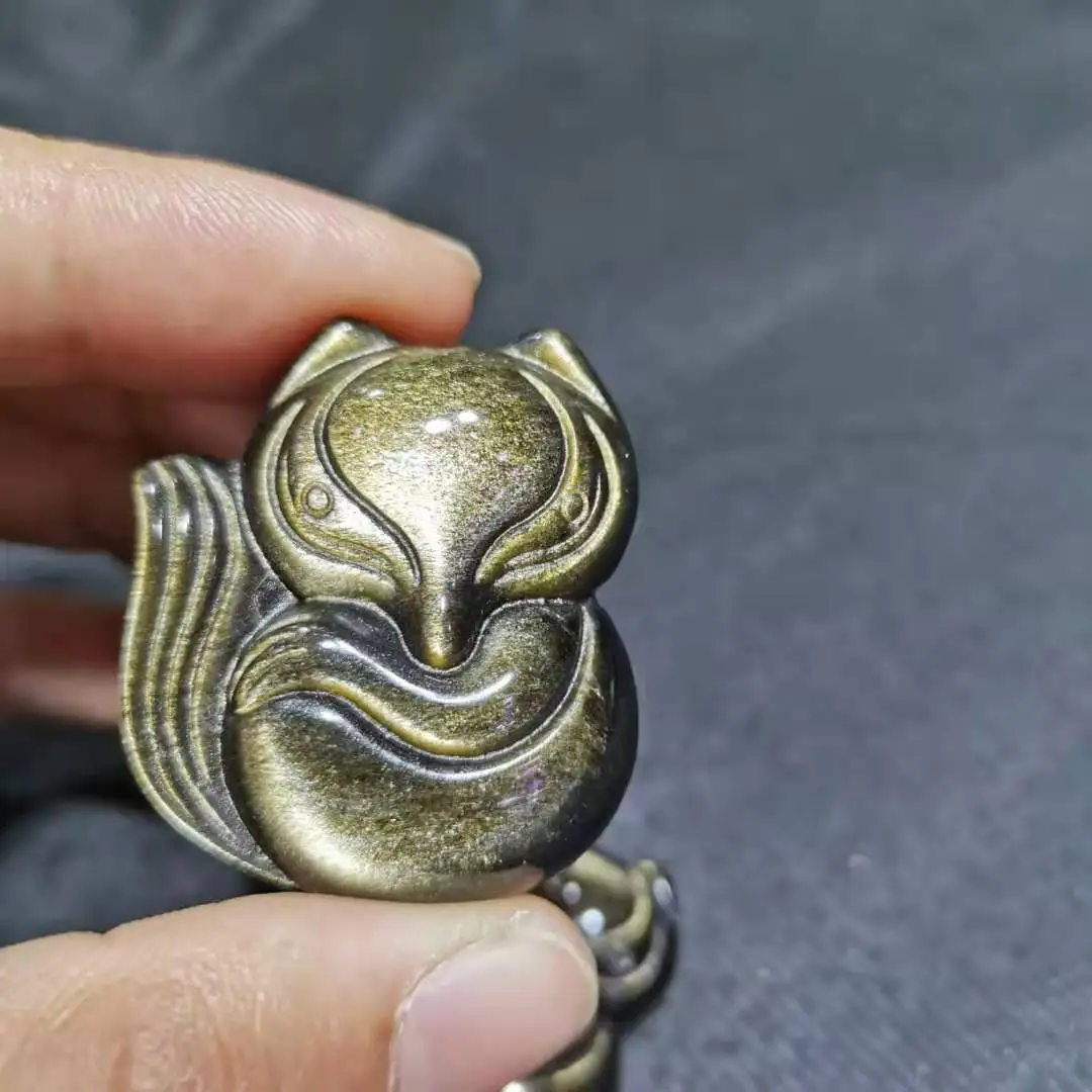 

35mm Natural Gold obsidian Stone Carved Animal figurine Gold obsidian fox crystal Ornaments
