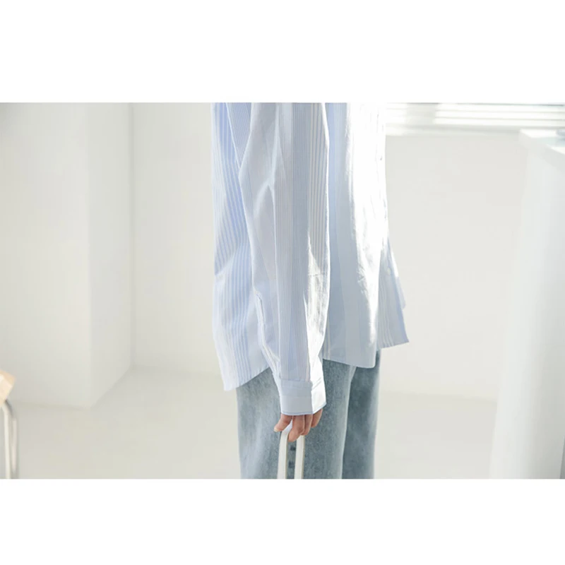 

OL Style Women's Long Sleeve Turn-Down Collar Blue Striped Casual Blouses Fashion Korean Pocket Button Down Shirt Tops