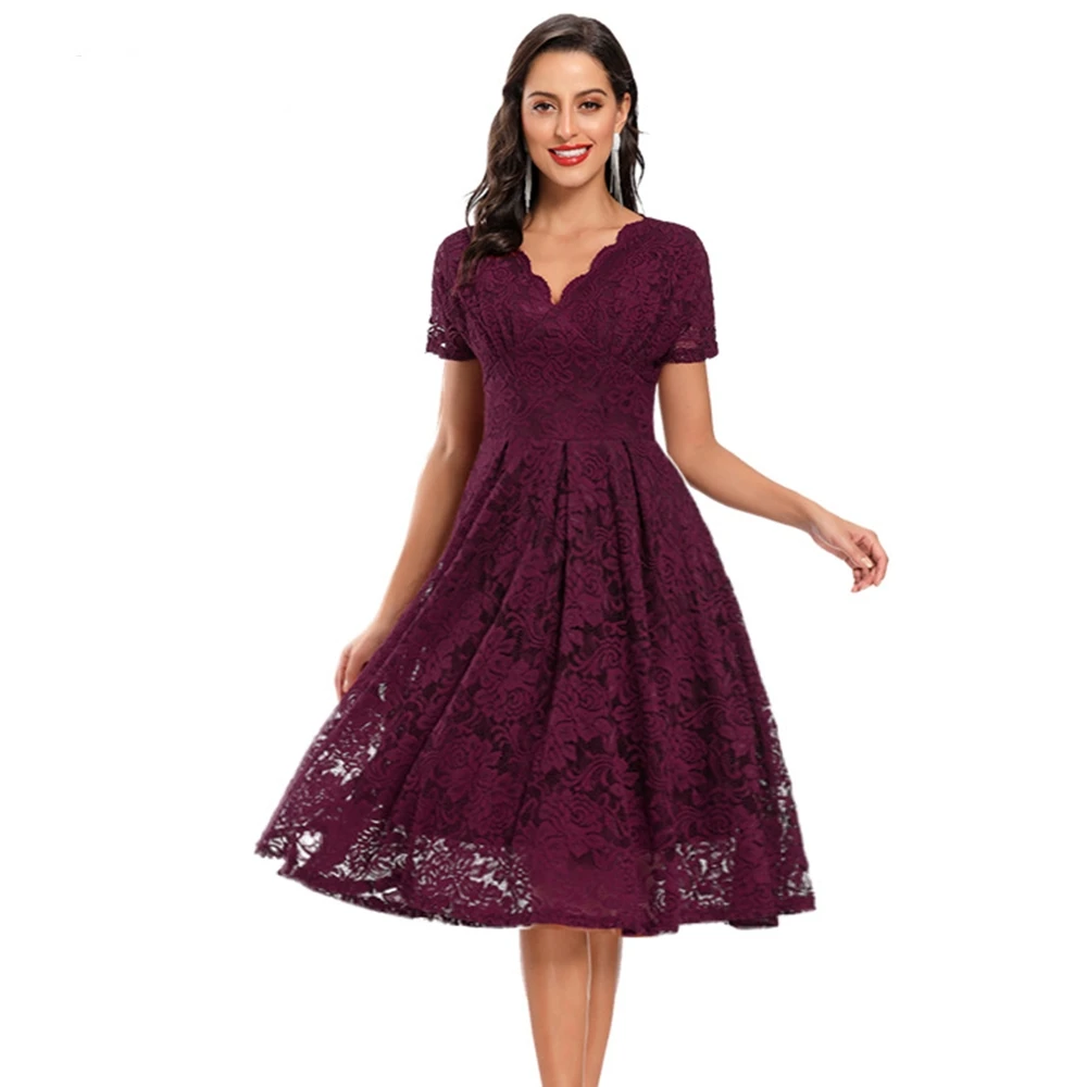 

Top Quality Purple Red Pink Navy Blue Cocktail Dresses Women Vintage Autumn Tea-Length V-Neck Lace Big Swing Short Sleeves