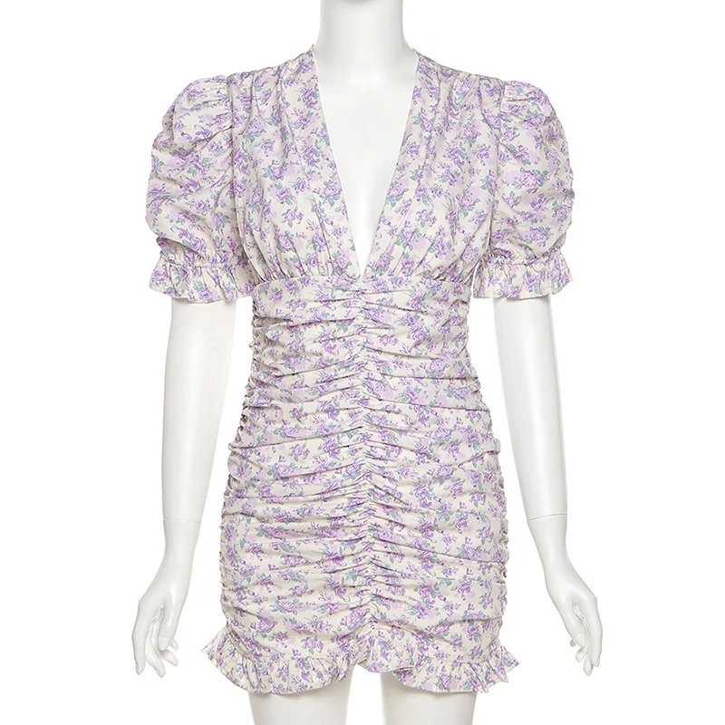 

Print Floral Dress Women Sexy Party Puff Sleeve V Neck Slim Sundress 2021 Fashion Summer Bodycon Short Lady Vestidos