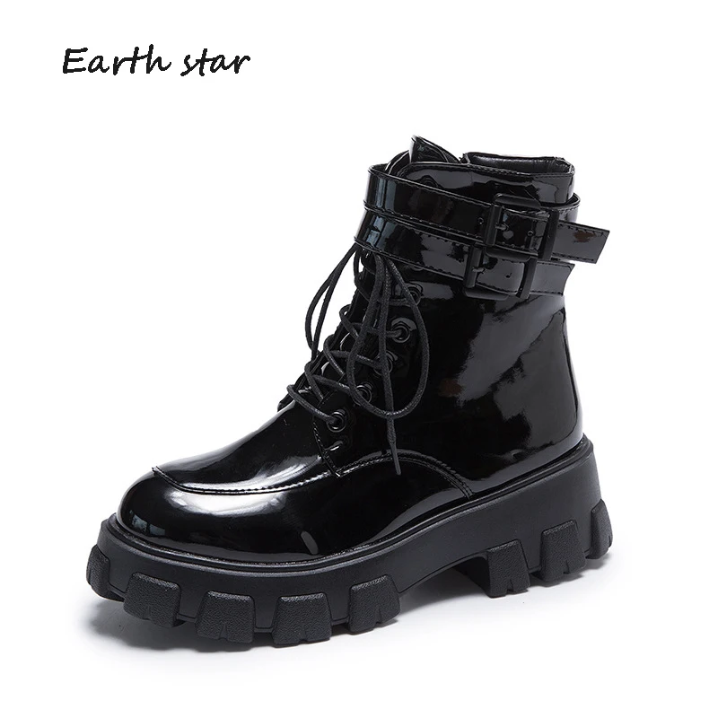 

2020 Black Buckle Shoes Women Fashion Brand Platform Martin Boots Shoes Lady Ankle footware Cross-tied Female botas mujer Boots