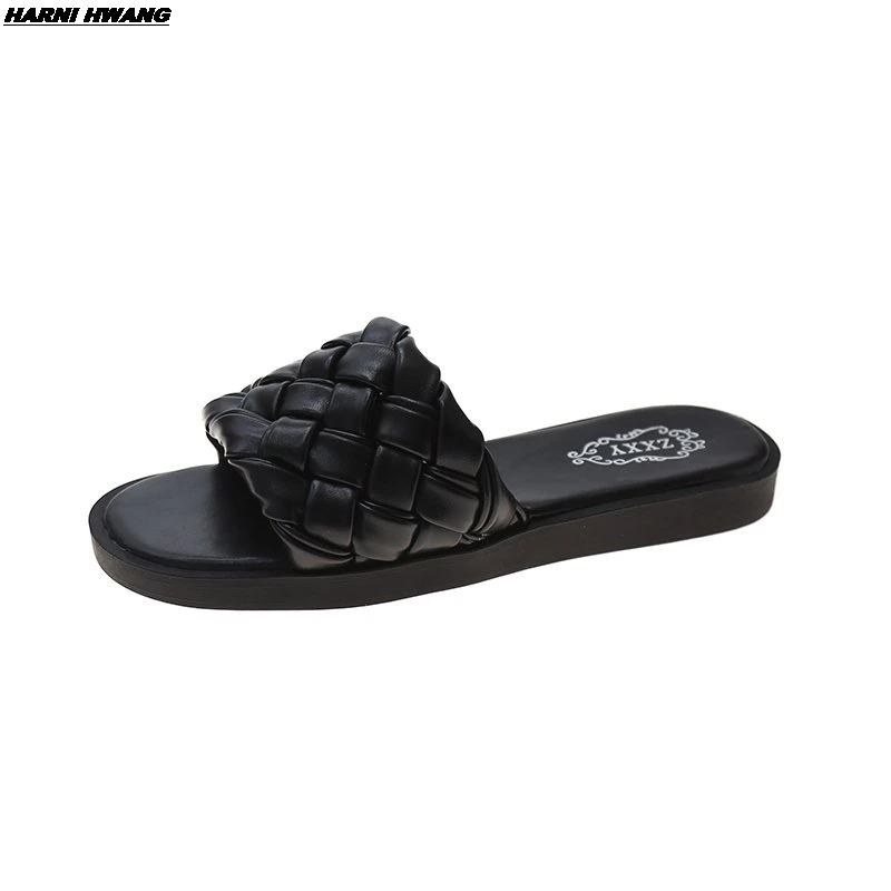 

Ladies temperament slippers woven design charm open toe set feet 2021 vacation beach flat sandals casual flip-flop women's shoes
