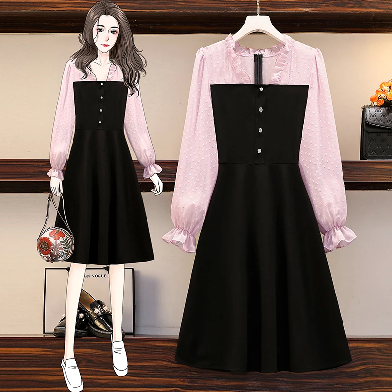 

5XL Plus Size Women Korean Dress Spring 2021 Ruffle V-neck Jacquard Chiffon Long Sleeve Patchwork Black A-Line Ladies Dresses