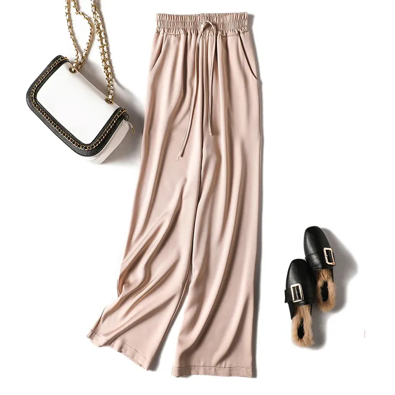 

Модные Шелковые облачные брюки с высокой талией 2021, широкие брюки, женские летние свободные драпированные атласные драпировки из Жемчужной...