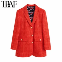 traf women fashion with print lining fitted tweed blazer coat vintage long sleeve pockets female outerwear chic veste