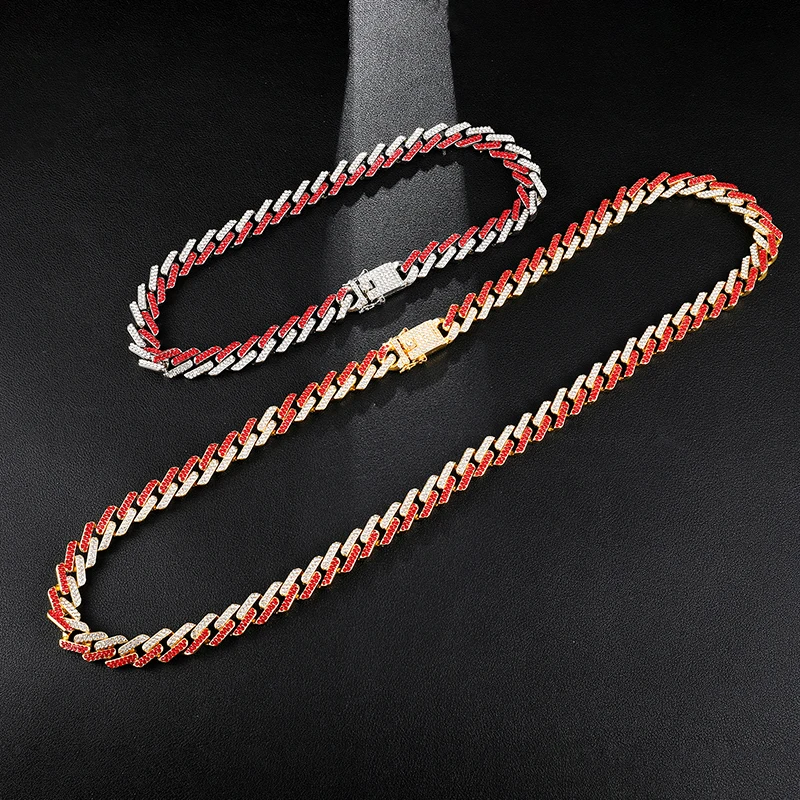 

fashion Jewelry Necklaces & Bracelets 13/15mm Fashion Iced Out 2 Row Red Black Crystal Prong Cuban Link Chains For Men Women