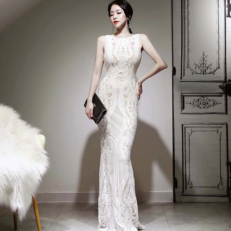 

Женское длинное платье с блестками, Белое Облегающее Платье макси с завышенной талией и рукавом-бабочкой, летнее элегантное платье в пол, ве...