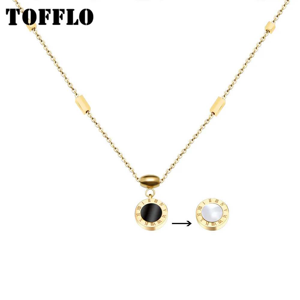 

TOFFLO Stainless Steel Jewelry Roman Numeral Black And White Shell Double-Sided Necklace Women's Fashion Clavicle Chain BSP099
