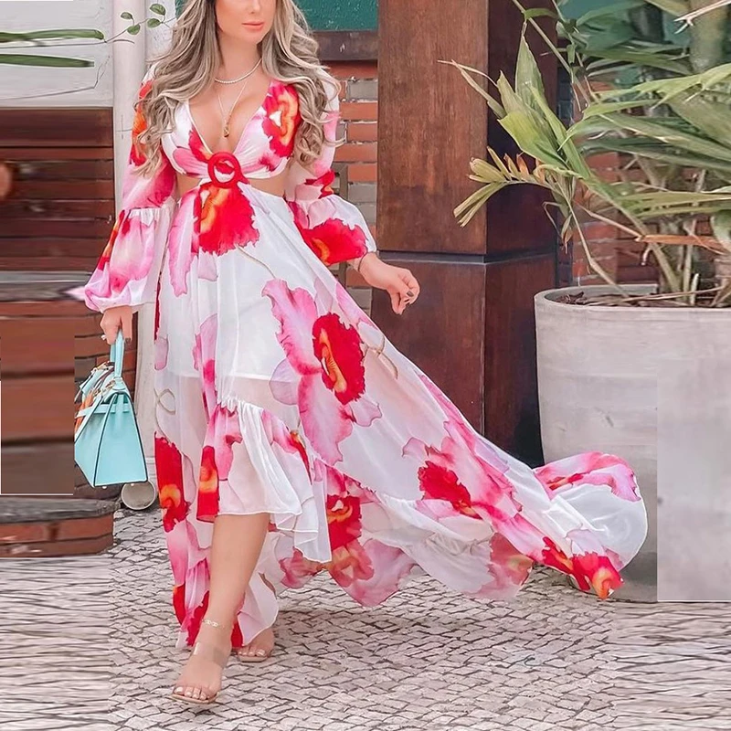 

2021 Sexy Gorgeous Floral Print Boho Dress Elegant Hollow Out Deep V Neck Party Dress Fashion Bowknot Halter Women Long Dresses
