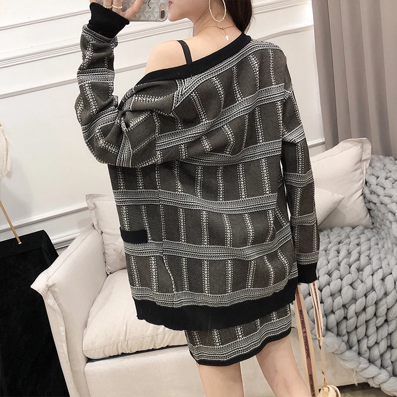 ALPHALMODA/2019 осенний женский топ на бретелях + Длинные кардиганы мини-юбка комплект