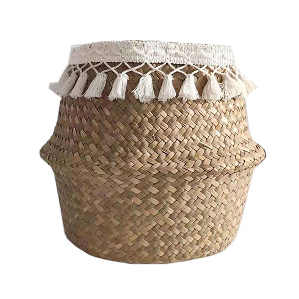 

Natural Woven Straw Basket With Tassel Foldable Handmade Woven Storage Basket Hanging Picnic Basket Storage Basket Home Decor