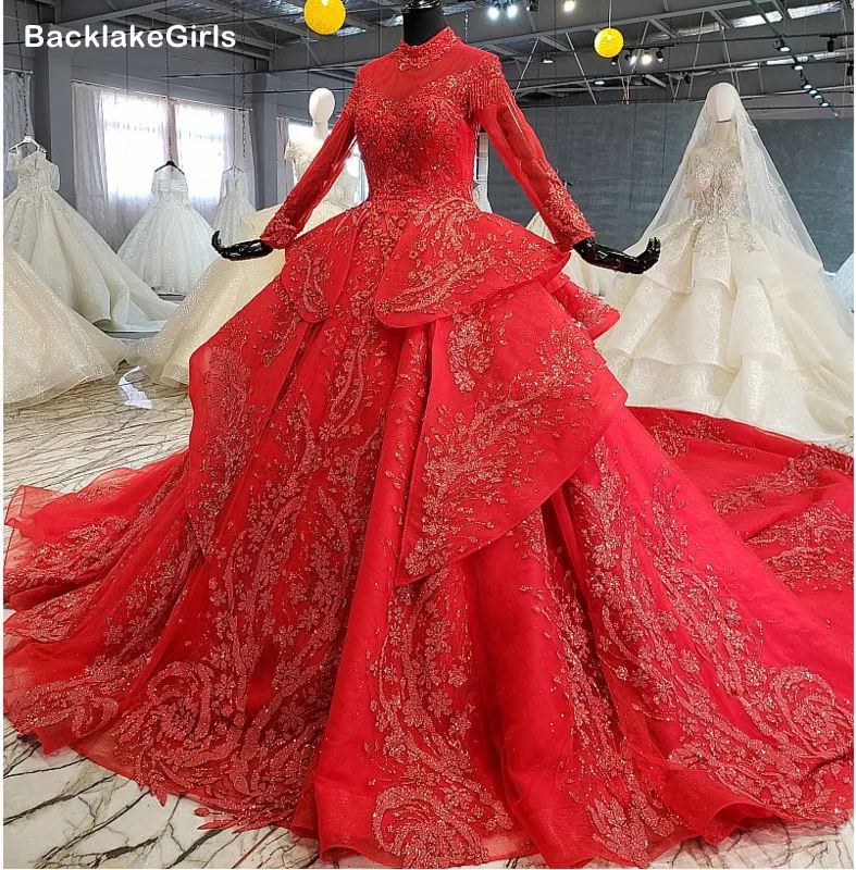 Red Special Dubai Puffy Party Dresses High Neck Long Tulle Sleeve Lace Up Back Wedding Can Make For Muslim | Свадьбы и торжества