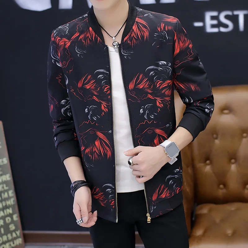 

Printed black jacket, men's coat, autumn, slim short youth coat