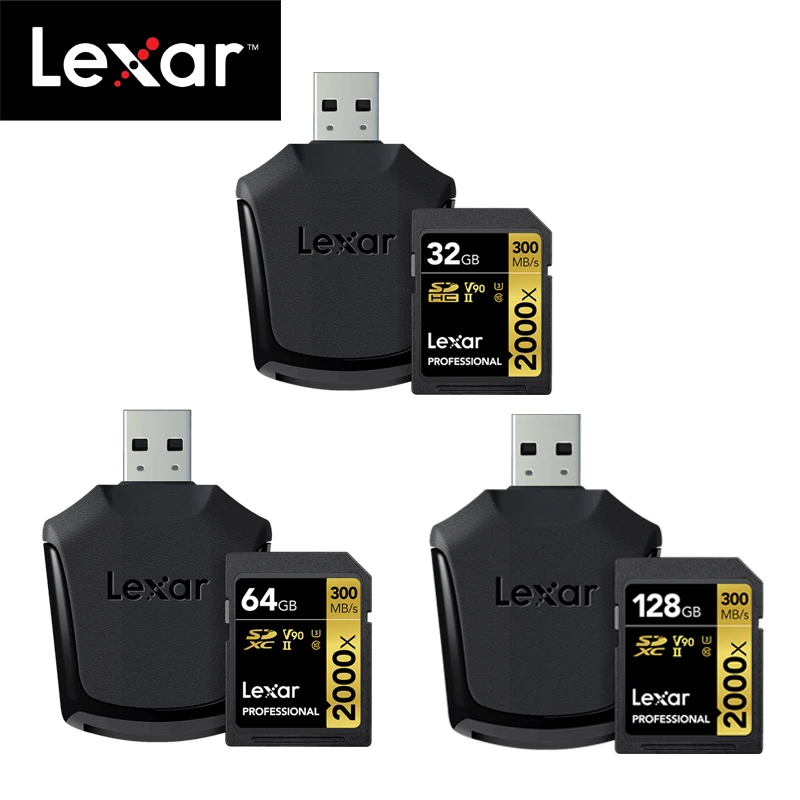 Оригинальная флеш-карта Lexar 300 МБ/с./с, 64 ГБ памяти, sd-карта, 32 ГБ, 128 ГБ, 2000x, SDXC, UHS-II, U3, высокая скорость, карта для 3D 4K цифровой DSLR камеры