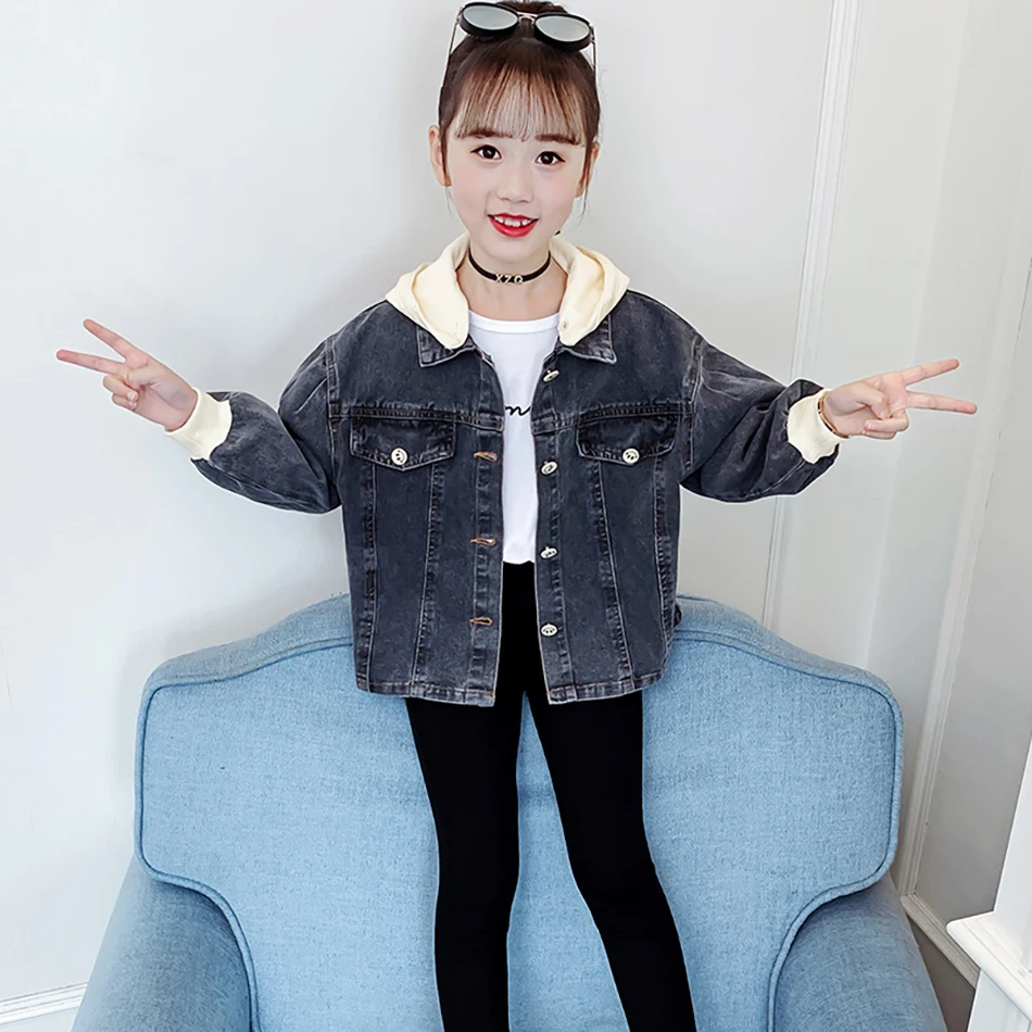 

2021 Spring Autumn Hooded Denim Jackets for Girls Fashion Casual Children Clothing New Kids Jacket Outerwear Coat for 3-14T Girl
