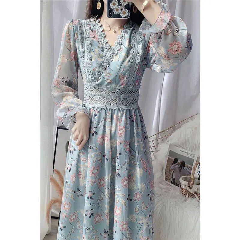 

Spring and autumn 2021 new women's long sleeve lace floral chiffon dress waist slim temperament long skirt