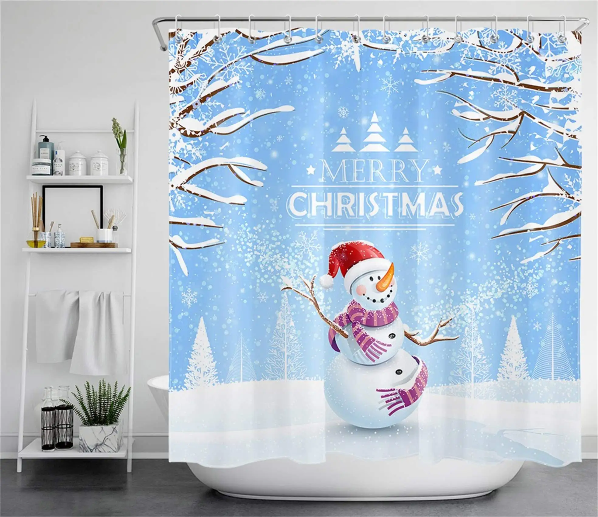 Зимняя занавеска для душа с изображением снега симпатичный снеговик ветками и