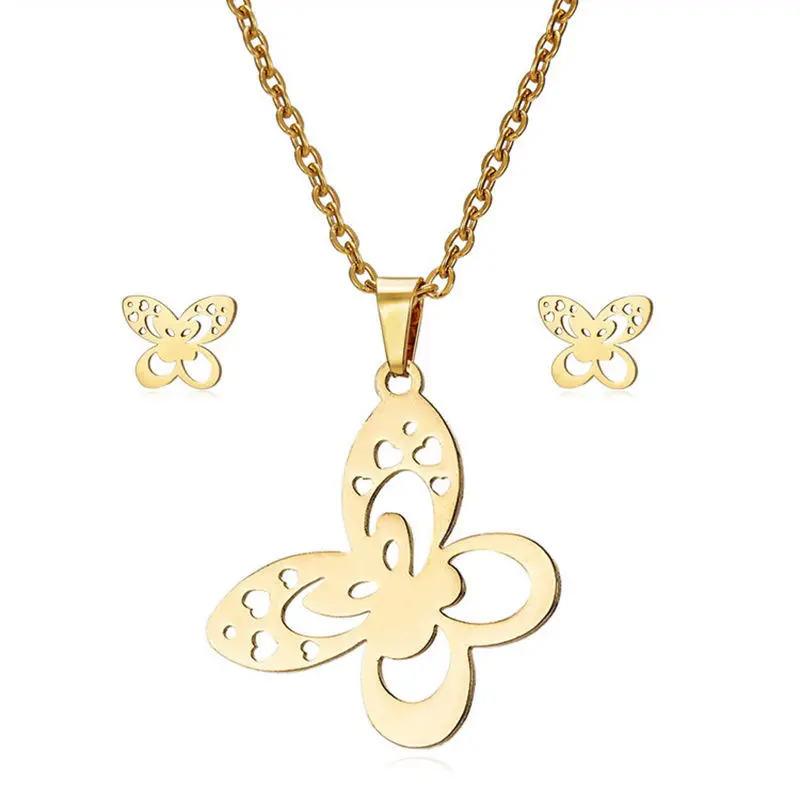 

1 Set Stainless Steel Jewelry Necklace Earrings Set Gold Butterfly Animal Women Trendy Party Jewelry Gifts 45cm(17 6/8") Long