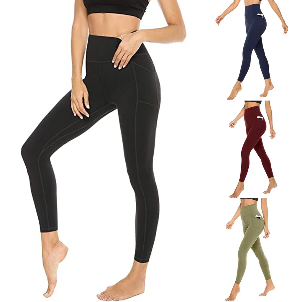 

Sport Pants for Women 2021 Summer Fitness Yoga Pants High Waist Outdoor Tight with Side Pocket Slim Leggings Running Pants
