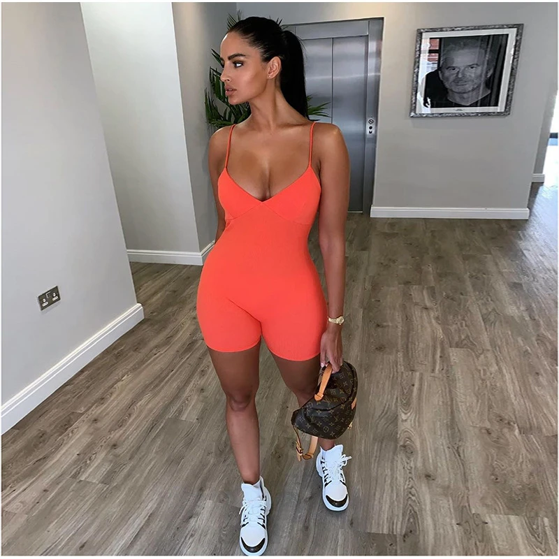 

Sexy Women Skniny Bodysuit Sleeveless V-neck Spaghetti Strap Stretch Leotard Playsuit Female Jumpsuit Bodycon Sportwear Romper