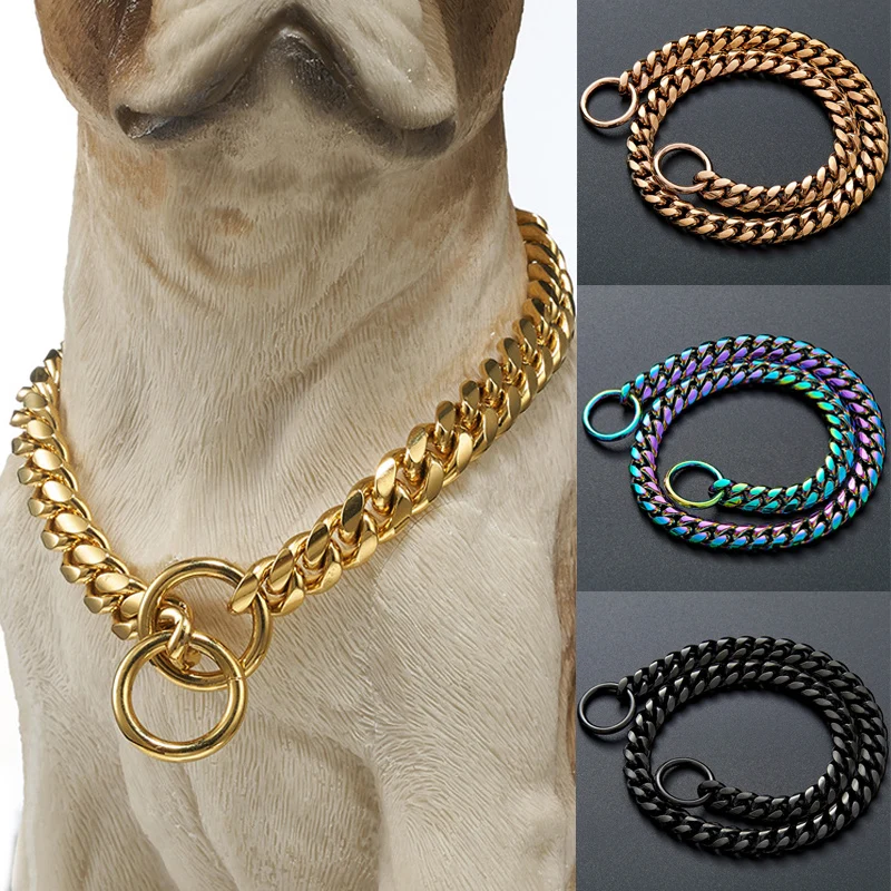 10mm Gold Dog Chain Collar Stainless Steel Necklace Dog Stuff Training Metal Durable P Chain Choker Pet Collars for Pitbulls