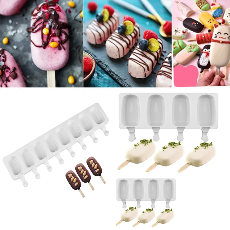 

4 or 8 Hole Food Silicone Ice Cream Mold Popsicle Molds DIY Homemade Dessert Freezer Fruit Juice Ice Pop Maker Mould with Sticks