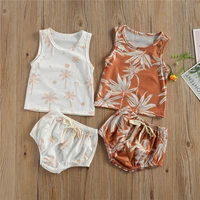 2pcs summer casual outfit suit unisex baby girl boy clothing whitebrown leaves print sleeveless top bow loose elastic shorts