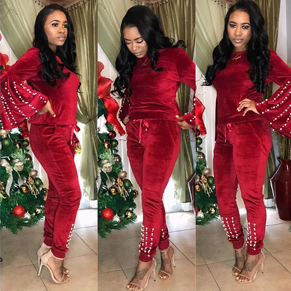 Женский Бархатный спортивный костюм комплект из двух предметов украшенный