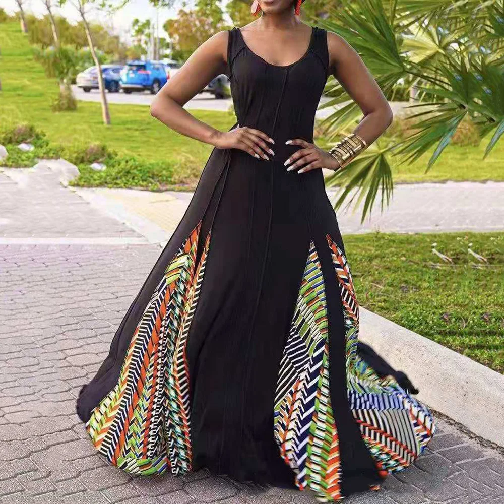 

Maxi Dresses Women Sleeveless Stripe Color Block Patchwork Fashion 2021 Summer Expansion African Female Casual Long Dresses