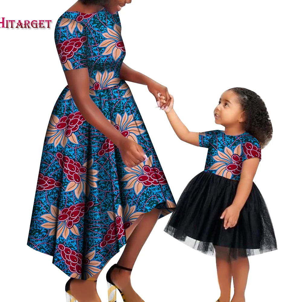 

African Style Clothes for Mother and Daughter Ankara Floral Printed Women Dresses and Girls Mesh Skirt Dashiki Party Wear WYT704