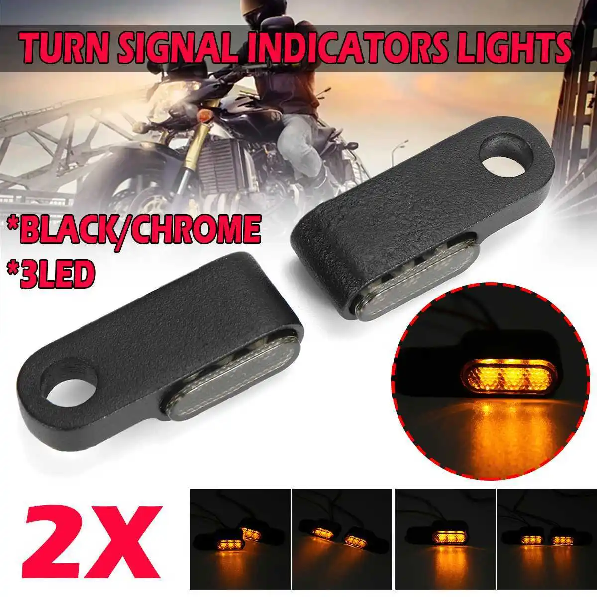 

2PCS/set 12V Motorcycle Indicators LED Turn Signal Light Handlebar Amber signal lamp Blinker Aluminum Alloy Black/Chrome