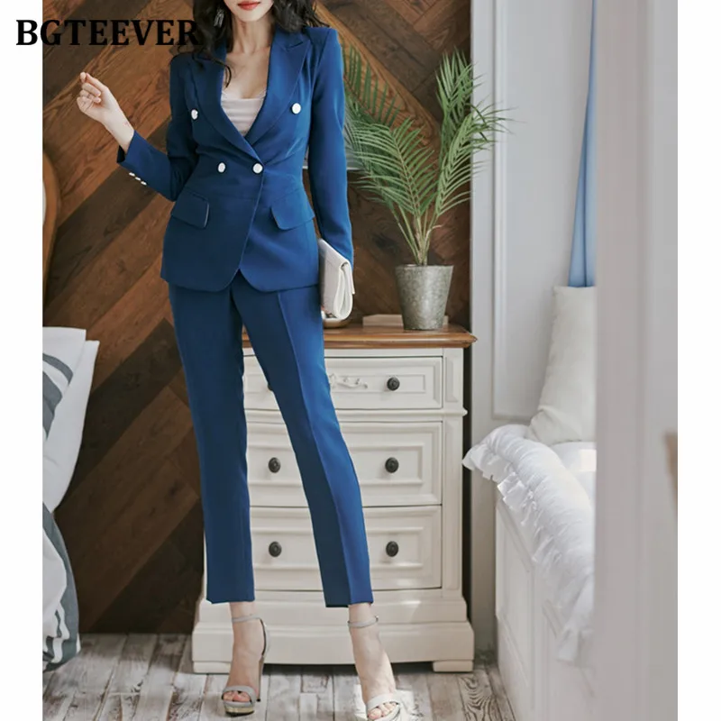 

Стильный женский Блейзер BGTEEVER с двойными пуговицами, тонкая куртка и брюки с высокой талией, Осень-зима 2020, женские брючные костюмы в офисно...