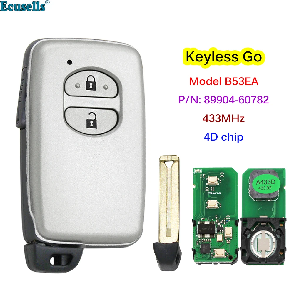 2ปุ่ม Keyless Go Smart Key ถาม433MHz 4D-67ชิปสำหรับ Toyota Land Cruiser 2007-2016 B53EA P1 98 P/N: 89904-60782บอร์ด A433