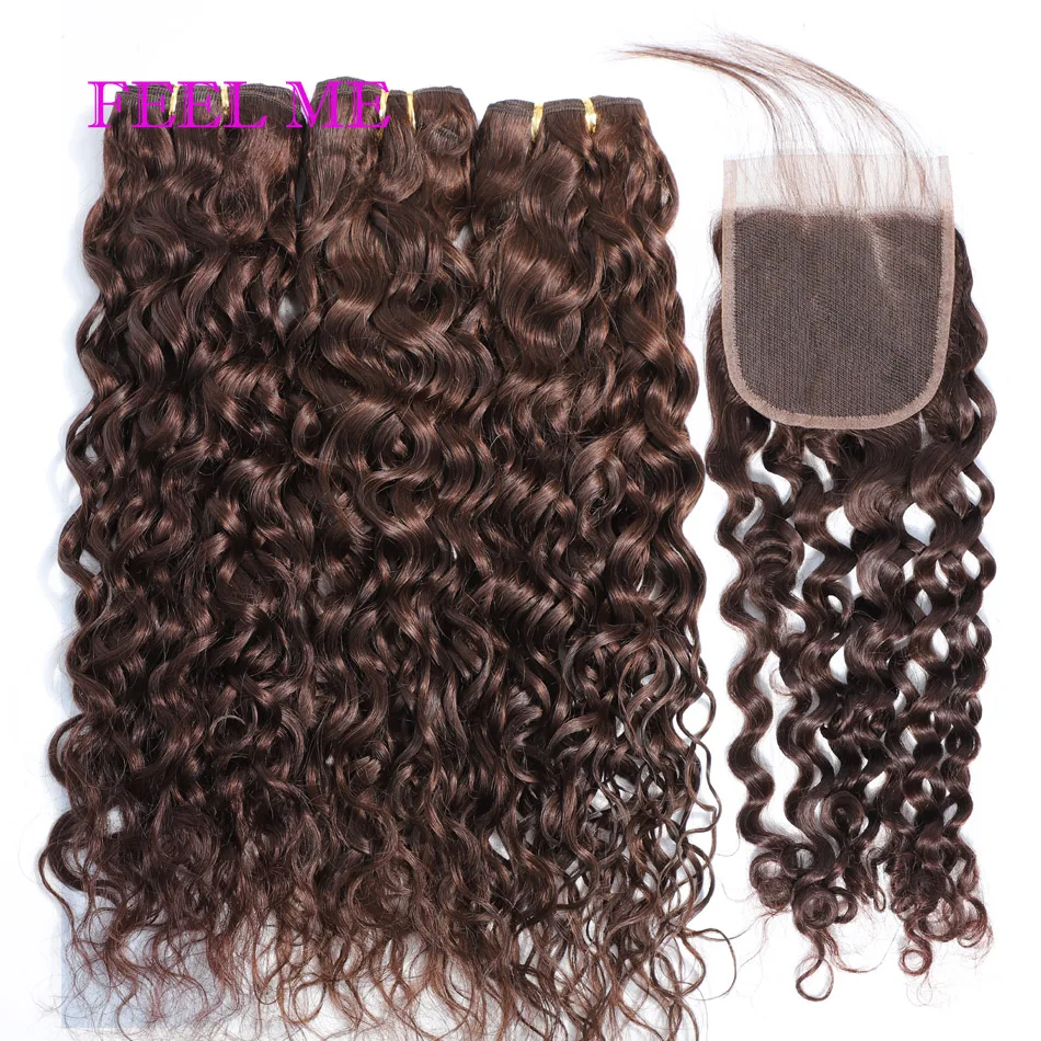 

FEELME Water Wave Human Hair Bundles With Closure Remy #2 Dark Brown Brazilian Hair Weave Bundles With Closure With Baby Hair