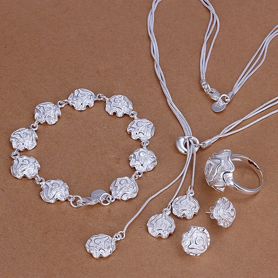 

Silber sets hochzeit schmuck charme elegante rose blume halskette ring Stud Ohrringe mode