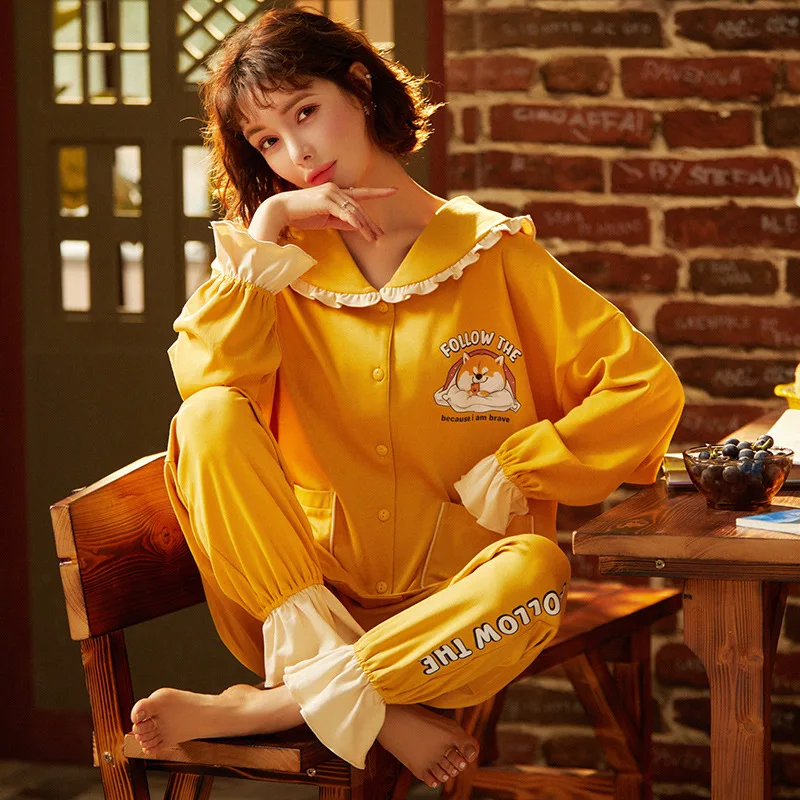 

Autumn Winter Cotton Women Pajamas Long Sleeve Sweet Doll Collar Woman Home Suit Simple Print Sleeping Tops Casual Loose Pyjamas