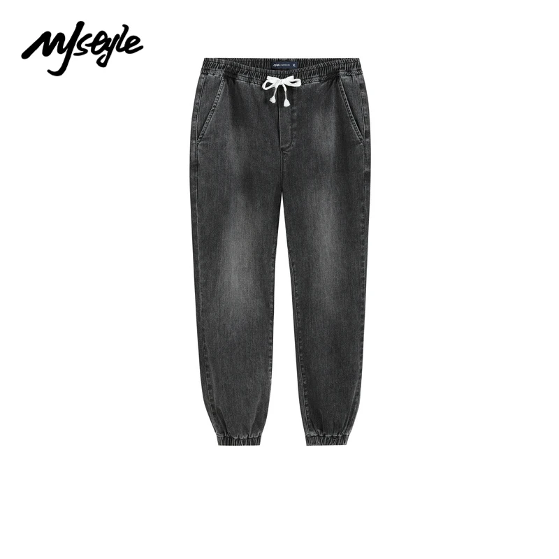 

MJstyle 2021 Winter Mens Retro Regular Fit Black Denim Jeans Pants Drawstring Elastic waist cuff Trousers 721510020