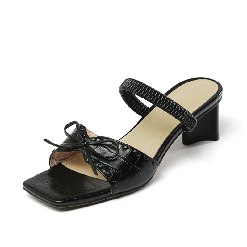 

2021 Mules Women Genuine Leather Shoes Summer Sandals Bowknot Top Quality Comfortable Thick Heel Casual Shoes Woman