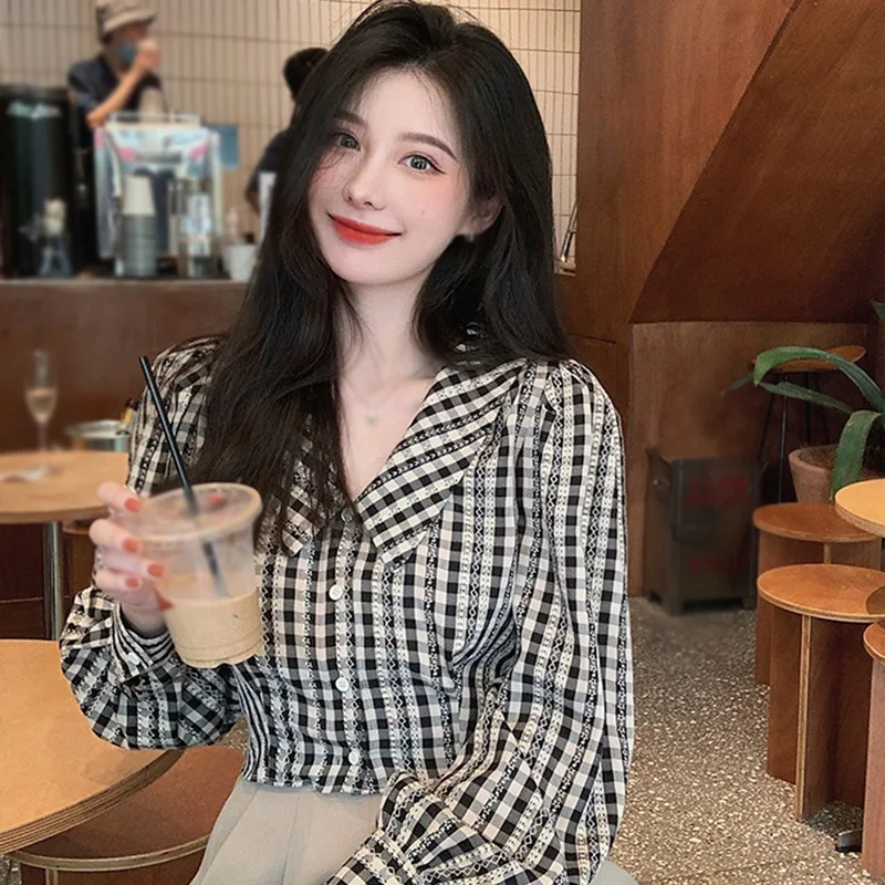 

Doll Collar Short Retro Plaid Shirt Women's Long-sleeved Shirt Loose All-match Top 2020 n