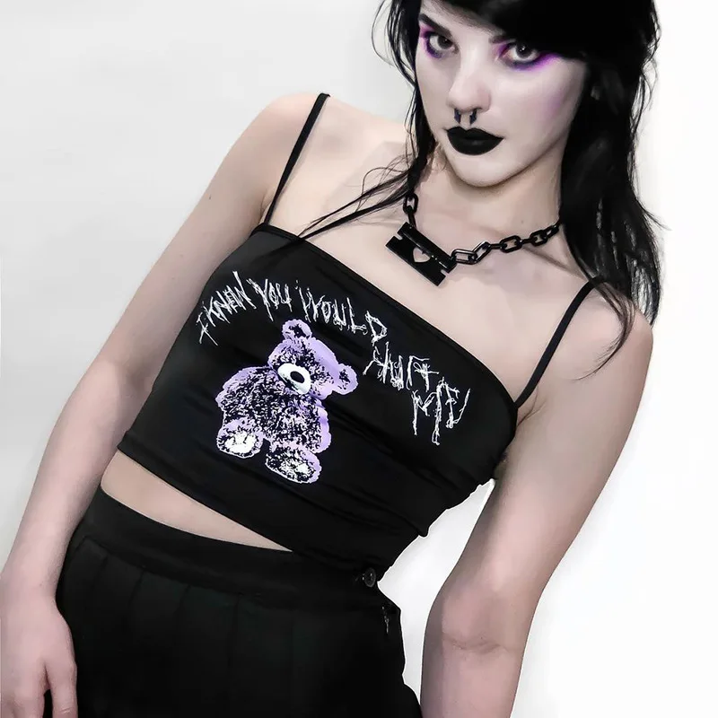Женский Готический Топ без рукавов черная Базовая майка с принтом в стиле панк Y2K
