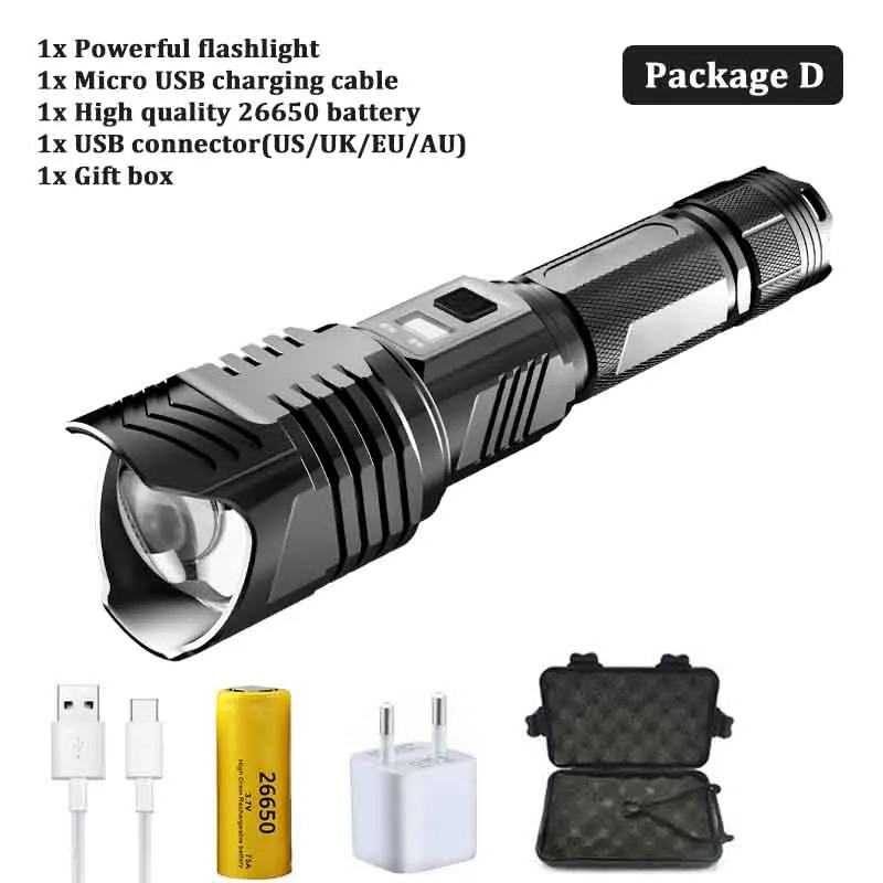 Package D Яркий XHP90 светодиодный фонарь высокой мощности водонепроницаемый тактический фонарь с зумом с USB входом и выходной функцией походная охотничья лампа - Испускаемый цвет: Package D