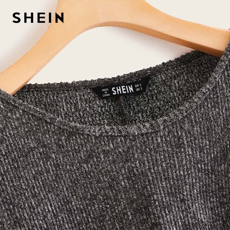 SHEIN серый топ с вырезом лодочкой в рубчик, повседневный Топ, Женский Осенний топ с высокой улицей, с рукавом Бишоп, офисные женские базовые футболки