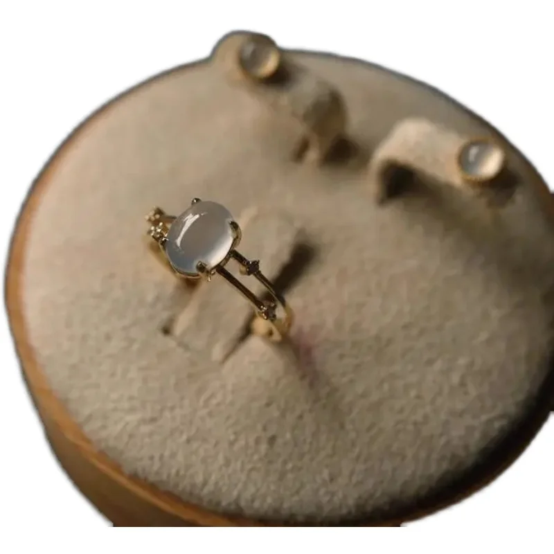 

Simple Japanese and Korean Style Ice Jade Lucky Ring High Ice Chalcedony Ring White Ice Inlaid S925 Sterling Silver Opening