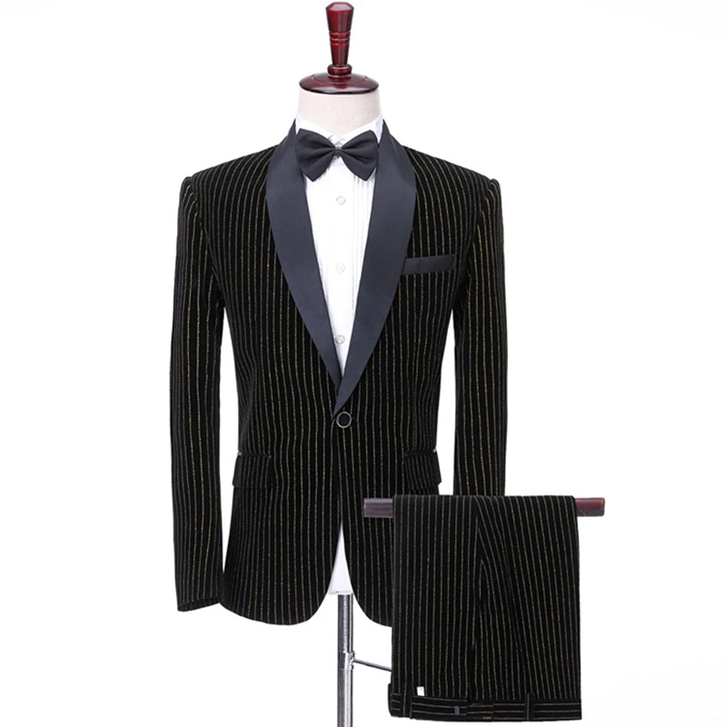 Plyesxale Burgundy Black Royal Blue Striped Suits For Men Slim Fit Mens Velvet Suit 2 Pieces Singer Stage Wedding Costume Q605 | Мужская